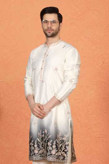 Aham-Vayam_Off White Silk, Cotton Embroidered Kurta And Pant Set _Online_at_Aza_Fashions
