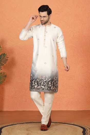 Shop_Aham-Vayam_Off White Silk, Cotton Embroidered Kurta And Pant Set _Online_at_Aza_Fashions