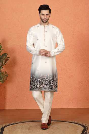 Aham-Vayam_Off White Silk, Cotton Embroidered Kurta And Pant Set _at_Aza_Fashions