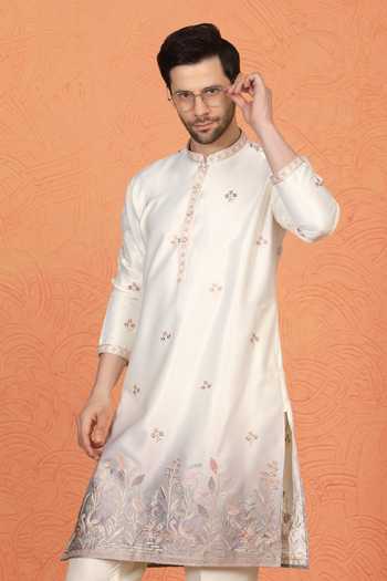 Buy_Aham-Vayam_Off White Silk, Cotton Embroidered Kurta And Pant Set _Online_at_Aza_Fashions