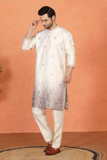 Shop_Aham-Vayam_Off White Silk, Cotton Embroidered Kurta And Pant Set _Online_at_Aza_Fashions