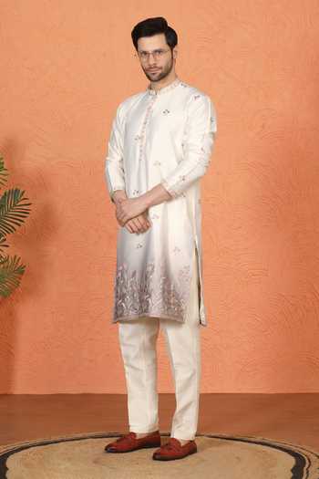 Aham-Vayam_Off White Silk, Cotton Embroidered Kurta And Pant Set _at_Aza_Fashions