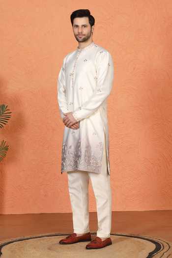 Buy_Aham-Vayam_Off White Silk, Cotton Embroidered Kurta And Pant Set 