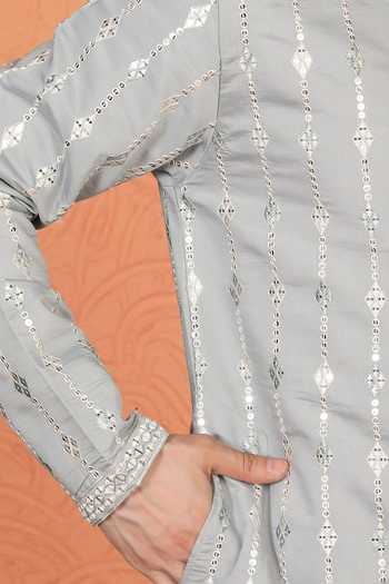 Shop_Aham-Vayam_Grey Silk, Cotton Mirror Embroidered Kurta And Pant Set _Online_at_Aza_Fashions