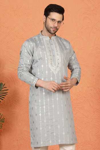 Aham-Vayam_Grey Silk, Cotton Mirror Embroidered Kurta And Pant Set _at_Aza_Fashions