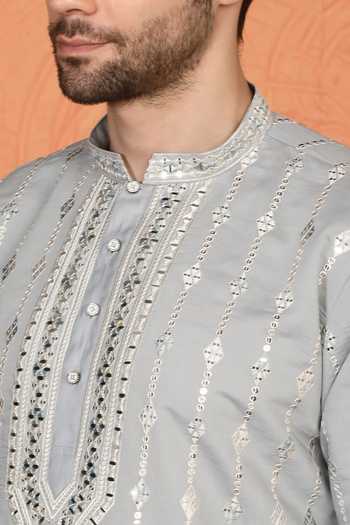 Buy_Aham-Vayam_Grey Silk, Cotton Mirror Embroidered Kurta And Pant Set 