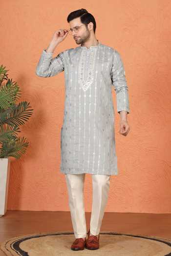 Shop_Aham-Vayam_Grey Silk, Cotton Mirror Embroidered Kurta And Pant Set 