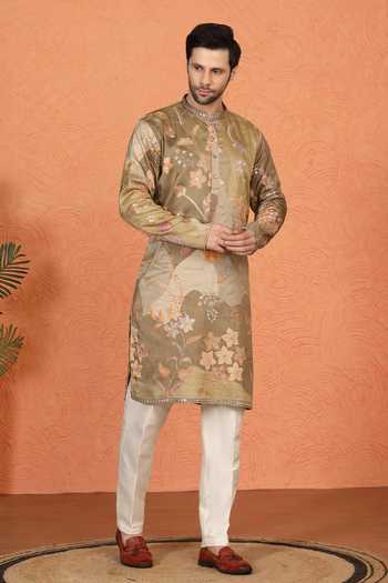 Aham-Vayam_Green Cotton Printed And Embroidered Kurta Set _Online_at_Aza_Fashions