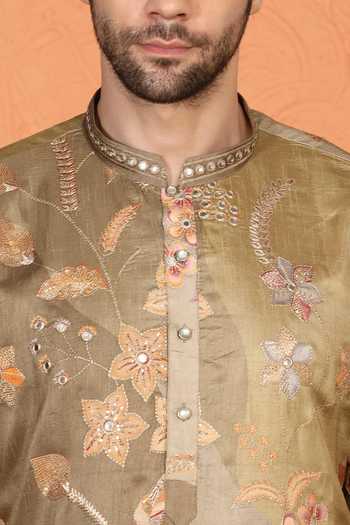 Aham-Vayam_Green Cotton Printed And Embroidered Kurta Set _at_Aza_Fashions