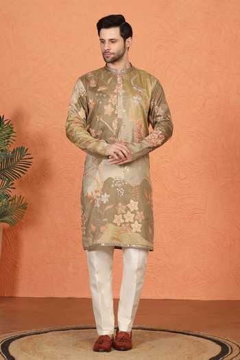 Buy_Aham-Vayam_Green Cotton Printed And Embroidered Kurta Set 
