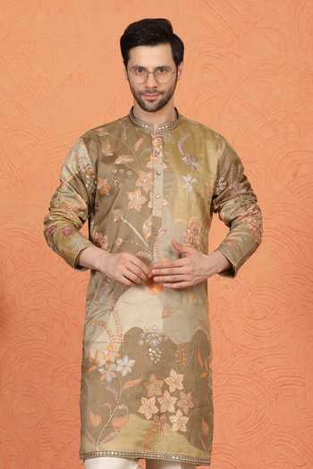 Shop_Aham-Vayam_Green Cotton Printed And Embroidered Kurta Set 