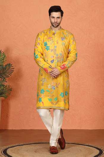 Buy_Aham-Vayam_Yellow Cotton Printed Kurta And Pant Set _Online_at_Aza_Fashions