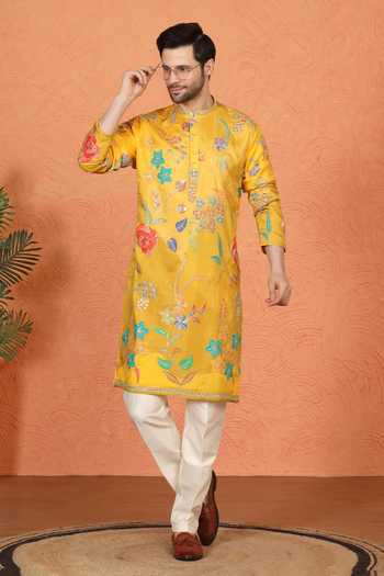 Aham-Vayam_Yellow Cotton Printed Kurta And Pant Set _at_Aza_Fashions