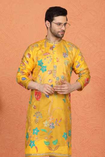 Buy_Aham-Vayam_Yellow Cotton Printed Kurta And Pant Set 