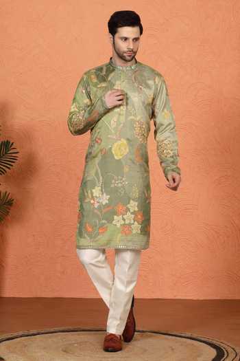 Aham-Vayam_Olive Green Cotton Printed And Embroidered Kurta Set _Online_at_Aza_Fashions