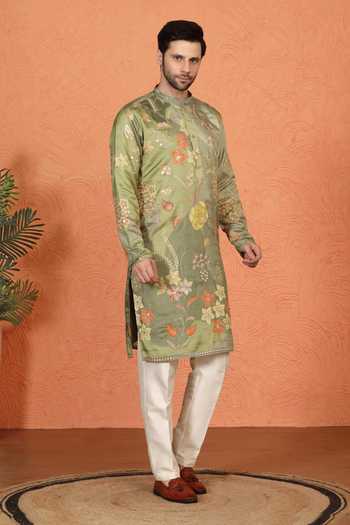 Aham-Vayam_Olive Green Cotton Printed And Embroidered Kurta Set _at_Aza_Fashions