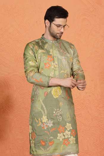 Buy_Aham-Vayam_Olive Green Cotton Printed And Embroidered Kurta Set 