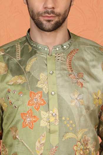 Shop_Aham-Vayam_Olive Green Cotton Printed And Embroidered Kurta Set 