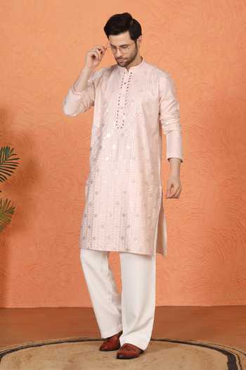 Aham-Vayam_Pink Cotton Embroidered Kurta And Pant Set _at_Aza_Fashions