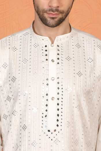 Shop_Aham-Vayam_White Cotton Embroidered Kurta And Pant Set _Online_at_Aza_Fashions