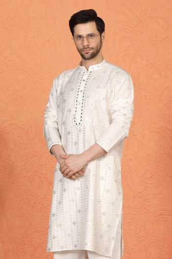 Aham-Vayam_White Cotton Embroidered Kurta And Pant Set _at_Aza_Fashions