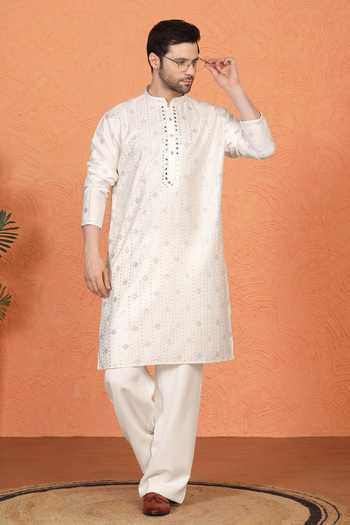 Shop_Aham-Vayam_White Cotton Embroidered Kurta And Pant Set 