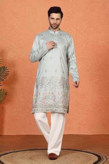 Shop_Aham-Vayam_Green Cotton Embroidered Kurta And Pant Set _Online_at_Aza_Fashions