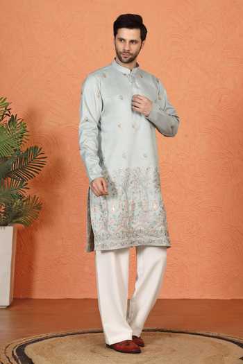 Aham-Vayam_Green Cotton Embroidered Kurta And Pant Set _at_Aza_Fashions