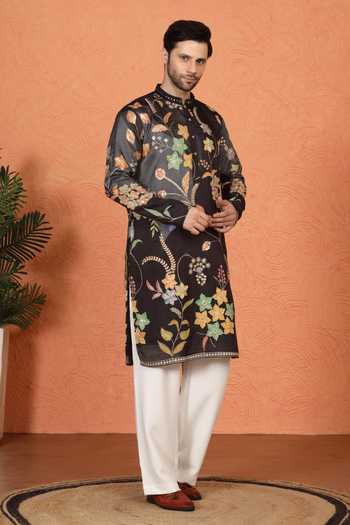 Aham-Vayam_Black Cotton Embroidered Kurta And Pant Set _Online_at_Aza_Fashions
