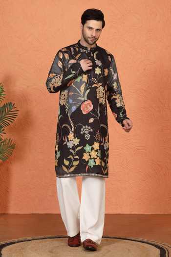 Shop_Aham-Vayam_Black Cotton Embroidered Kurta And Pant Set _Online_at_Aza_Fashions