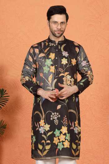 Aham-Vayam_Black Cotton Embroidered Kurta And Pant Set _at_Aza_Fashions