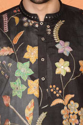 Shop_Aham-Vayam_Black Cotton Embroidered Kurta And Pant Set 