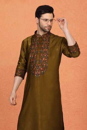 Buy_Aham-Vayam_Olive Green Cotton, Velvet Placement Embroidered Kurta And Pant Set _Online_at_Aza_Fashions