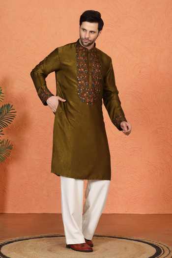 Shop_Aham-Vayam_Olive Green Cotton, Velvet Placement Embroidered Kurta And Pant Set _Online_at_Aza_Fashions