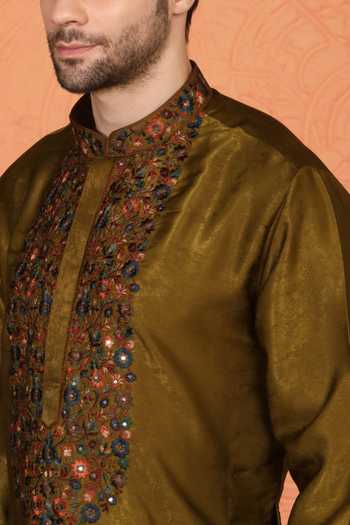 Aham-Vayam_Olive Green Cotton, Velvet Placement Embroidered Kurta And Pant Set _at_Aza_Fashions