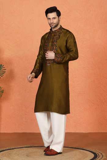 Shop_Aham-Vayam_Olive Green Cotton, Velvet Placement Embroidered Kurta And Pant Set 