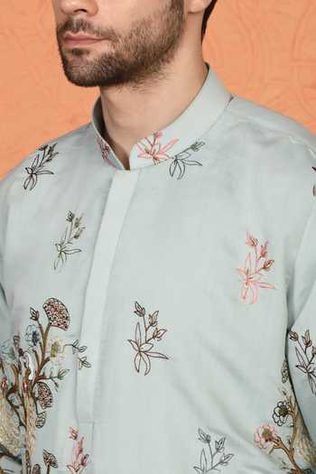 Aham-Vayam_Blue Cotton Embroidered Kurta And Pant Set _Online_at_Aza_Fashions