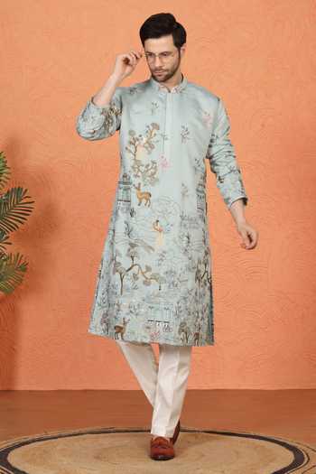 Shop_Aham-Vayam_Blue Cotton Embroidered Kurta And Pant Set _Online_at_Aza_Fashions