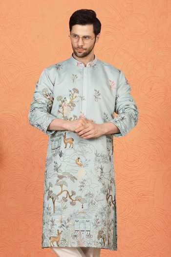 Aham-Vayam_Blue Cotton Embroidered Kurta And Pant Set _at_Aza_Fashions