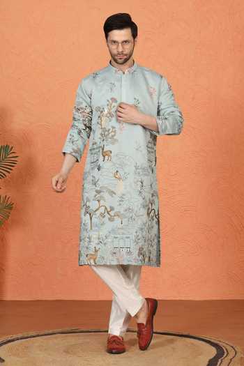 Buy_Aham-Vayam_Blue Cotton Embroidered Kurta And Pant Set 