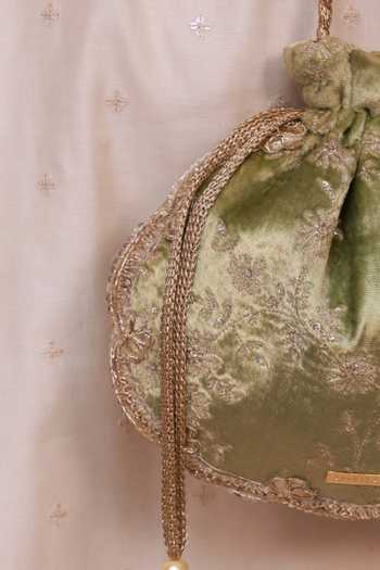Amyra Green Embroidery, Beads, Pearls, Zari, Tassels Suki Velvet Scallop Potli at Aza Fashions Amyra_Green Embroidery, Beads, Pearls, Zari, Tassels Suki Velvet Scallop Potli _at_Aza_Fashions