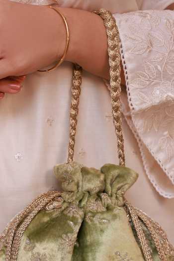 Buy Amyra Green Embroidery, Beads, Pearls, Zari, Tassels Suki Velvet Scallop Potli Buy_Amyra_Green Embroidery, Beads, Pearls, Zari, Tassels Suki Velvet Scallop Potli