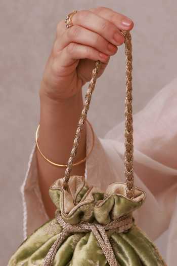 Amyra_Green Embroidery, Sequins, Beads, Pearls, Tassels Suki Velvet Potli _Online_at_Aza_Fashions