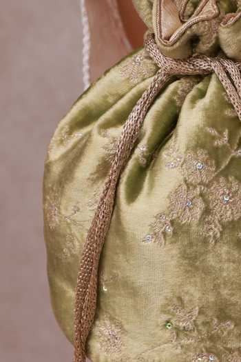 Shop_Amyra_Green Embroidery, Sequins, Beads, Pearls, Tassels Suki Velvet Potli _Online_at_Aza_Fashions