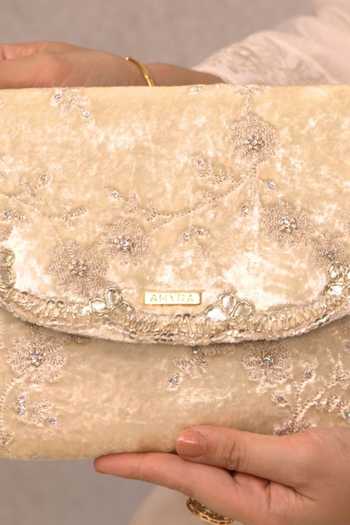 Amyra_Off White Suki Velvet Embroidered Envelope Clutch _at_Aza_Fashions