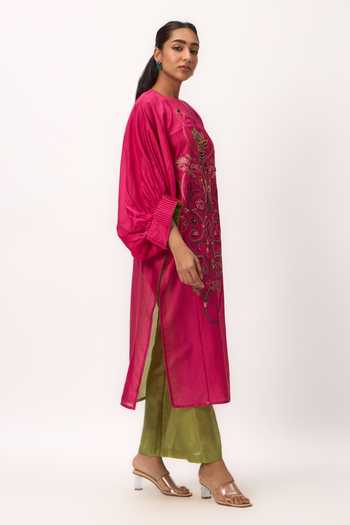 Buy_Ruchi Marodia_Pink Chanderi Round Neck, Yes Lotus Jaal Kurta And Pant Set _Online_at_Aza_Fashions