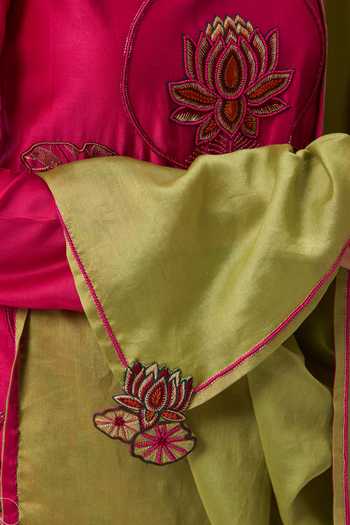 Shop_Ruchi Marodia_Pink Chanderi V-neck, Yes Lotus Bloom Jaal Kurta Set _Online_at_Aza_Fashions