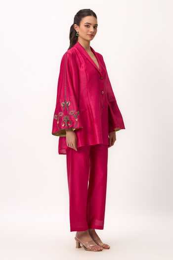 Buy_Ruchi Marodia_Pink Chanderi Shawl Neck Lotus Jaal Shirt And Pant Set _Online_at_Aza_Fashions