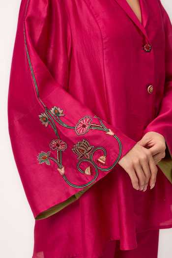Ruchi Marodia_Pink Chanderi Shawl Neck Lotus Jaal Shirt And Pant Set _at_Aza_Fashions
