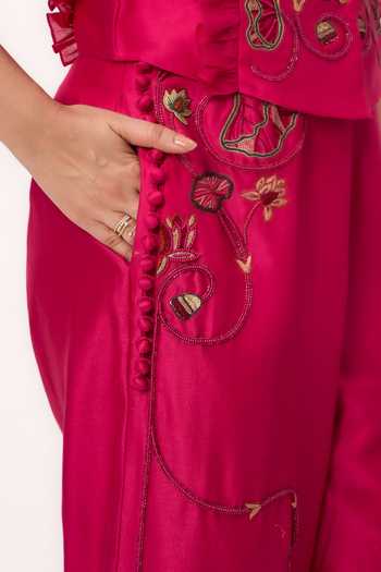 Ruchi Marodia_Fuchsia Chanderi V-neck Lotus Bloom Jaal Ruffle Top And Pant Set _Online_at_Aza_Fashions
